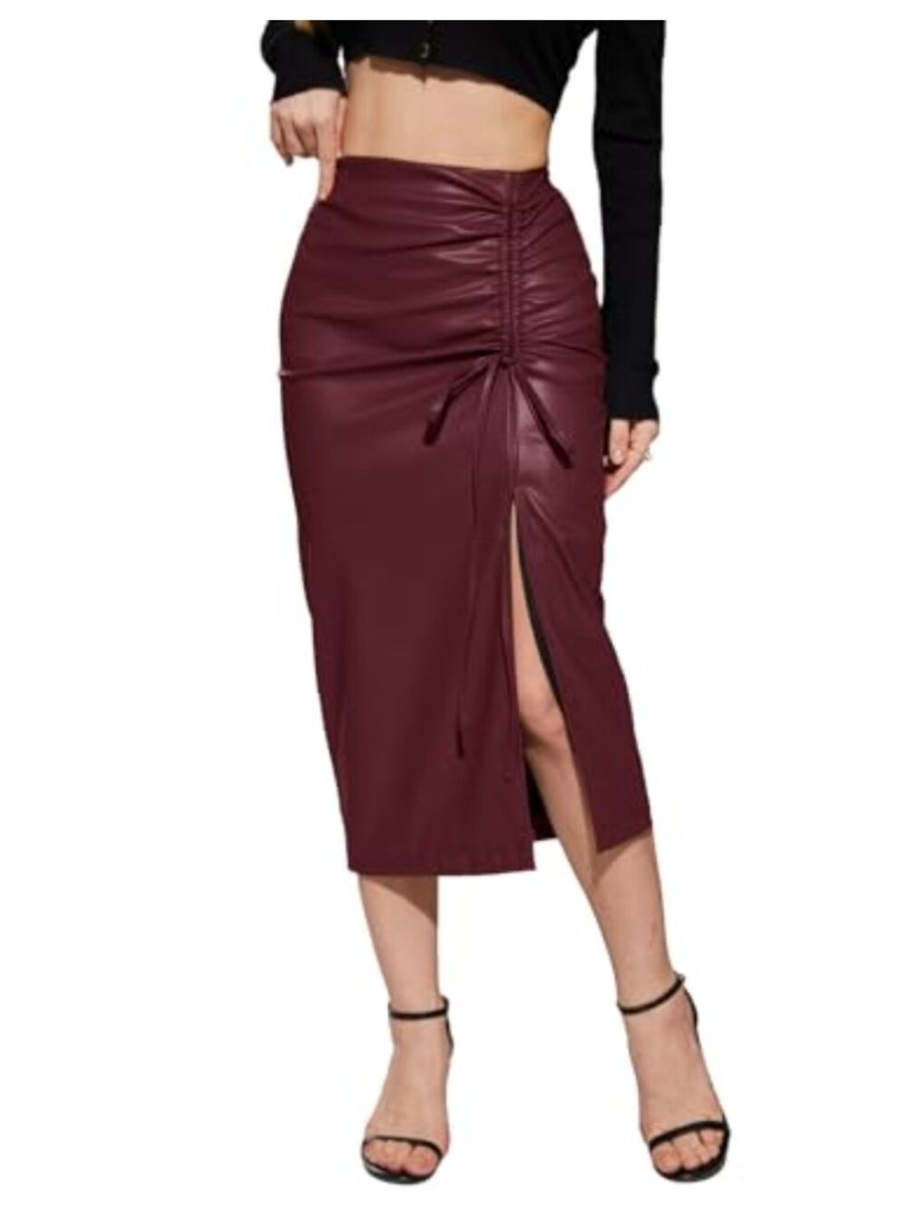 Faux Leather Bodycon Pencil Skirt High Waist Side Slit Midi